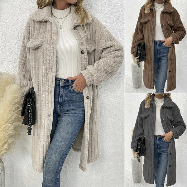 Women's lapel plush long coat with pockets