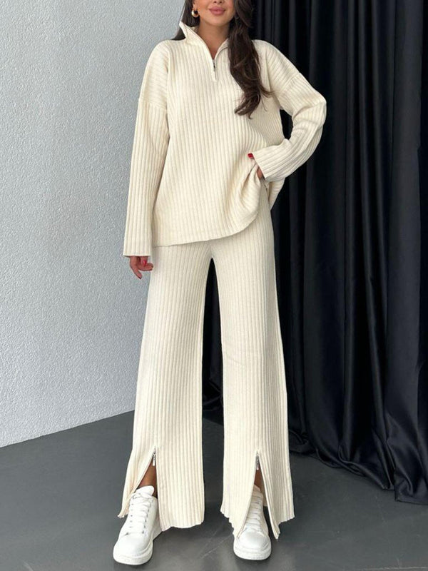 Solid Color Zipper Knitted Pants Suit